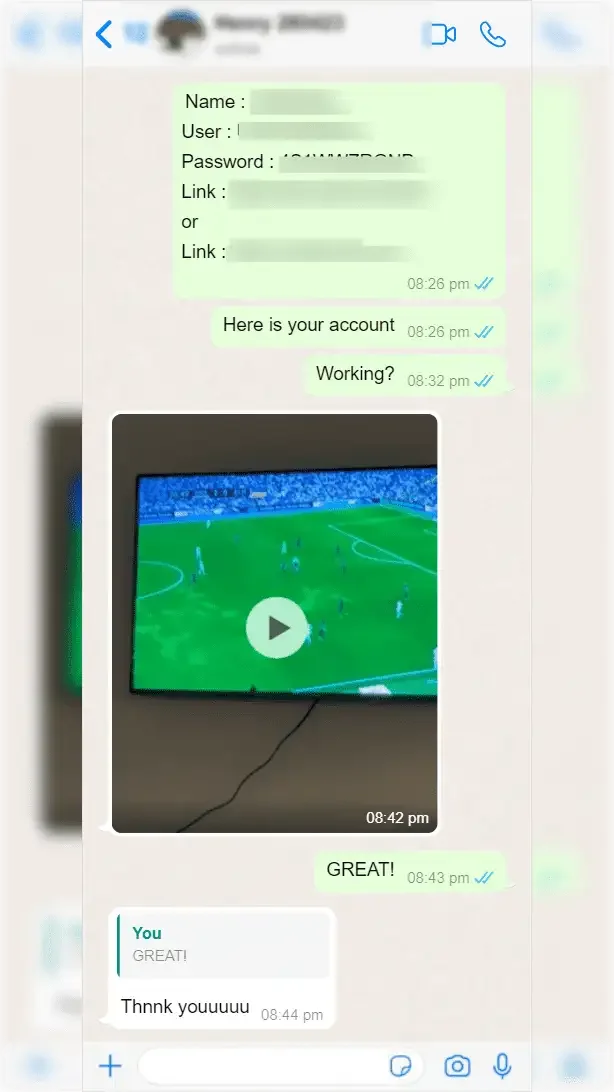 WhatsApp conversation between a subscriber and Pure IPTV support — screenshot 1 of 9