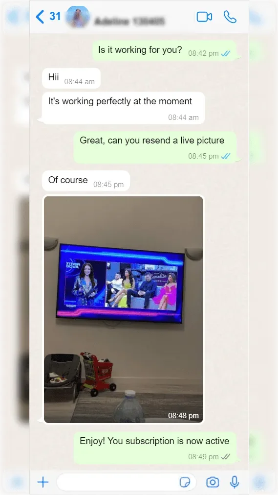 WhatsApp conversation between a subscriber and Pure IPTV support — screenshot 6 of 9