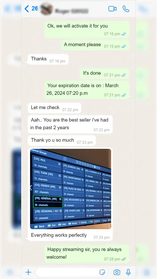 WhatsApp conversation between a subscriber and Pure IPTV support — screenshot 7 of 9